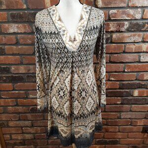 HALE BOB Beaded Slinky Knit Long Sleeve Ikat V-neck Mini Dress Boho Women's S